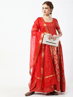 Cheera Women's Red Chanderi Silk & Rayon Hand Block Print Long Dress With Silk Dupatta Set