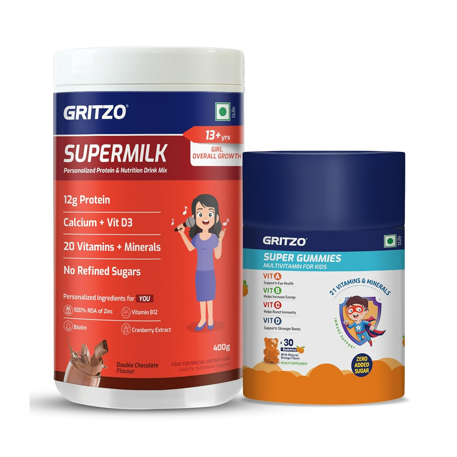 Gritzo SuperMilk Overall Growth (13+y Girls) (Double Chocolate ) with Super Gummies (Natural Orange Flavour)
