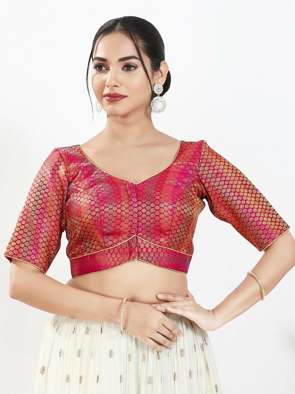 Joban Fashion Pink Brocade Padded Blouse With Sweetheart Neck Elbow Sleeves - Distacart