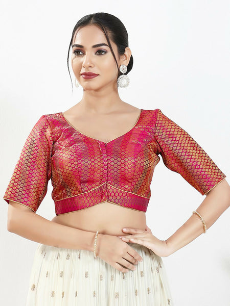 Joban Fashion Pink Brocade Padded Blouse With Sweetheart Neck Elbow Sleeves