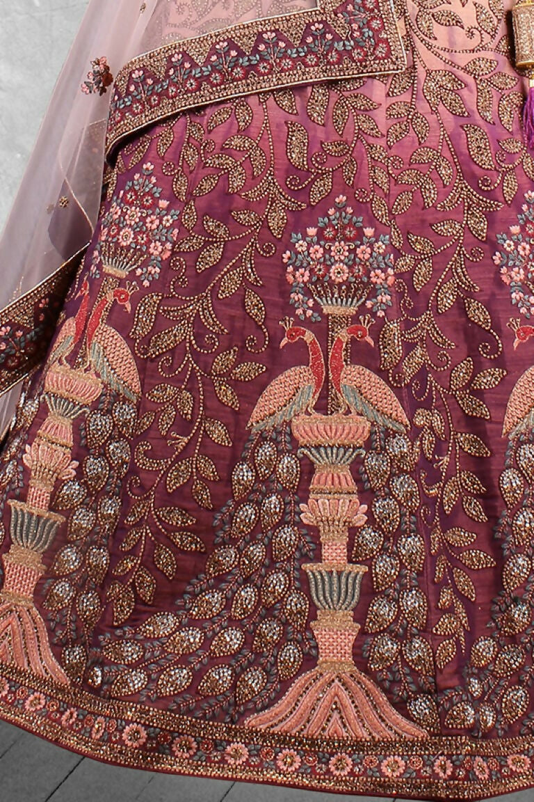Maroon & Beige Velvet Hand Work Semi Stitched Lehenga Choli with Dupatta - Nimaya Lagnotsav