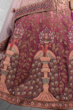 Maroon & Beige Velvet Hand Work Semi Stitched Lehenga Choli with Dupatta - Nimaya Lagnotsav