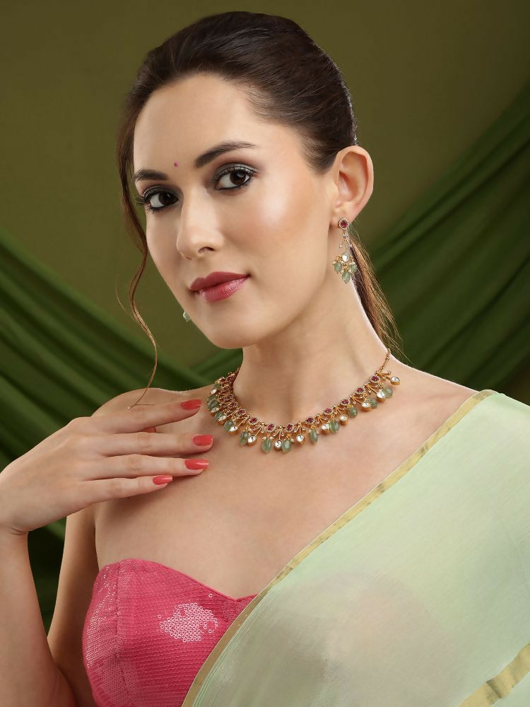 Natural Stones Antique Finish Earrings and Choker Necklace set - Ruby Raang