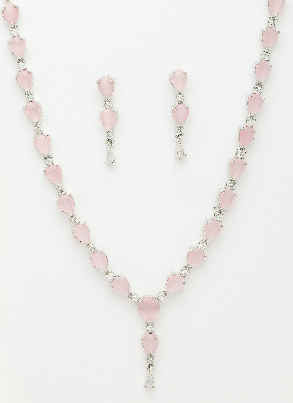 NVR Women's Silver-Plated Pink CZ-Studded Handcrafted Jewellery Set