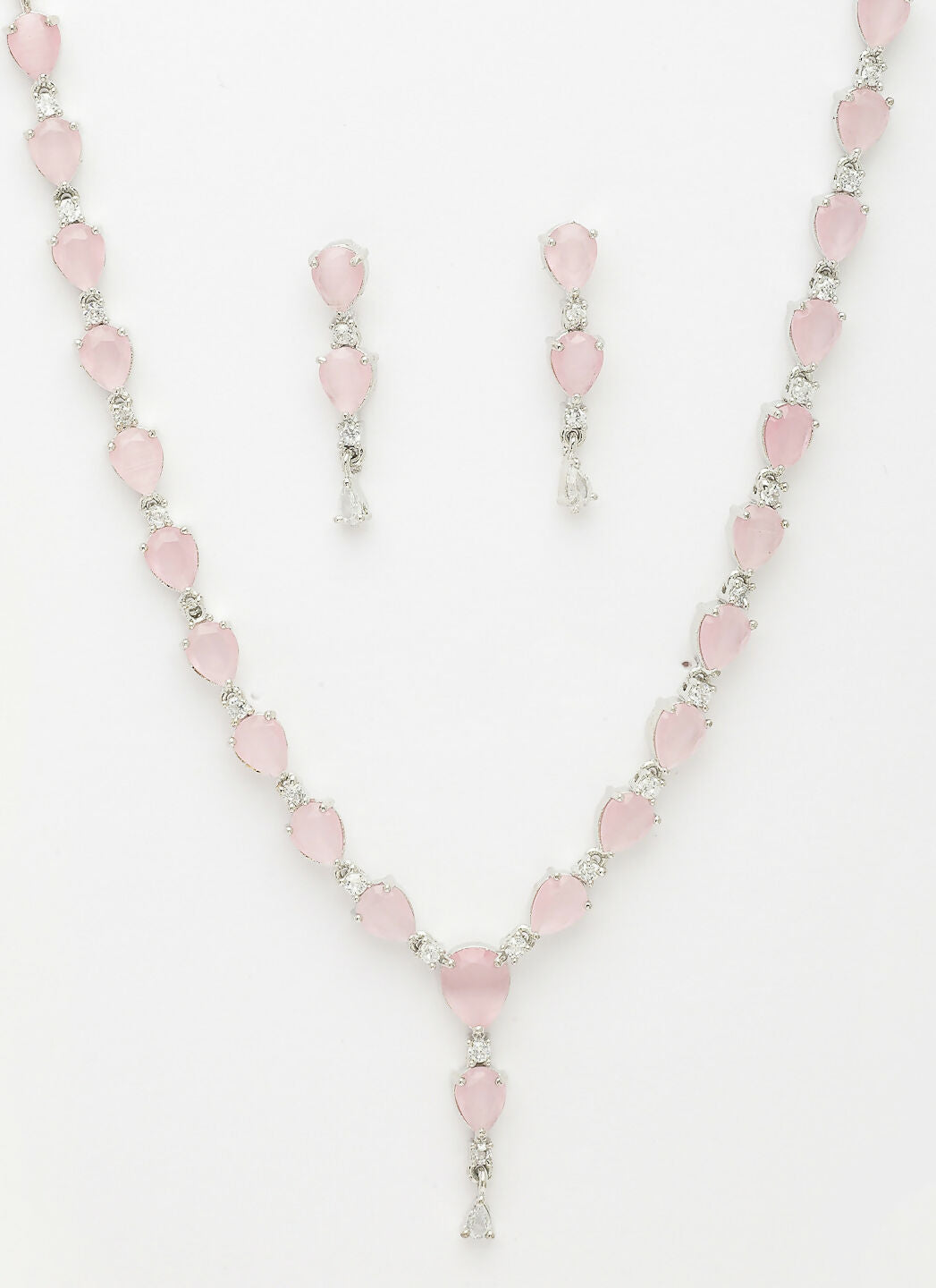 NVR Women's Silver-Plated Pink CZ-Studded Handcrafted Jewellery Set