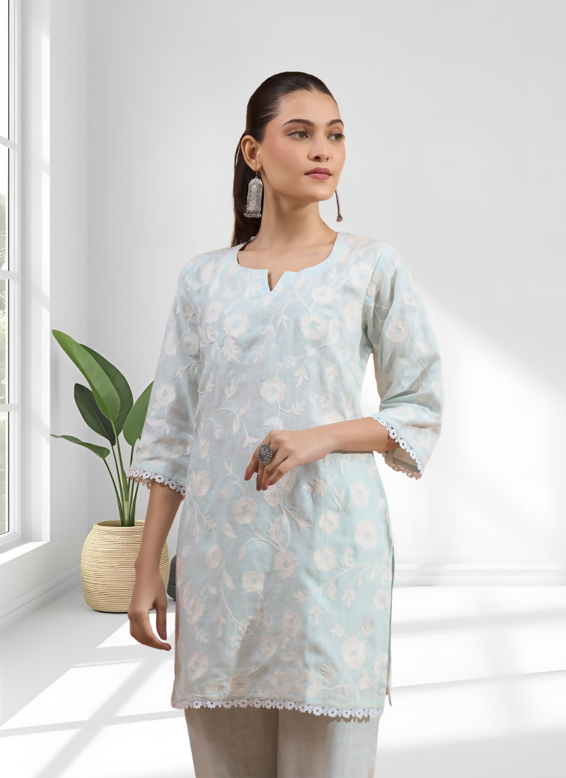 Joban Fashion Sky Blue Linen Embroidered Readymade Cord Set - Distacart
