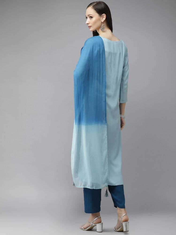 Yufta Women Blue Embroidered Thread Work Kurta with Palazzo & With Dupatta