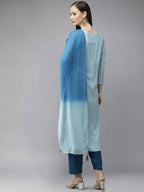 Yufta Women Blue Embroidered Thread Work Kurta with Palazzo & With Dupatta