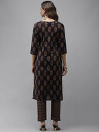 Yufta Women Navy Blue Sequinned Pure Cotton Kurta with Trouser
