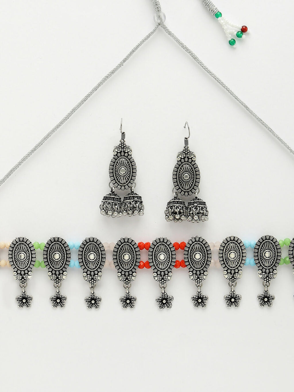 NVR Women's Silver-Plated Choke Oxidized Necklace with Jhumka Earrings