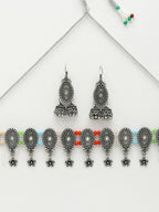 NVR Women's Silver-Plated Choke Oxidized Necklace with Jhumka Earrings