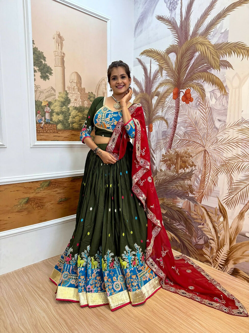 Teeya Creation Green Colour Rayon Silk Embroidery Work Fully Stitched Navratri Lehenga