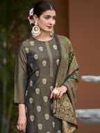 Jyoti Fashion Women's Green Pure Silk Elegant Jacquard Woven Kurta with Trouser & Dupatta