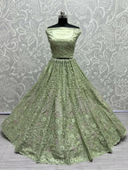 Jyoti Fashion Women's Pista Green Bridal Net Fancy Dori, Multi Thread, Hand Mirror and Diamond Work Wedding Lehenga Choli