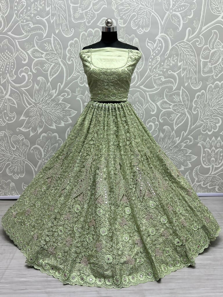 Jyoti Fashion Women's Pista Green Bridal Net Fancy Dori, Multi Thread, Hand Mirror and Diamond Work Wedding Lehenga Choli