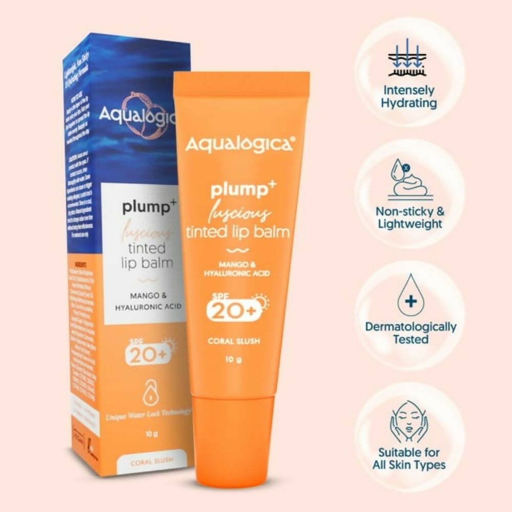 Aqualogica Coral Slush Plump+ Luscious Tinted Lip Balm with Mango and Hyaluronic Acid, SPF 20+