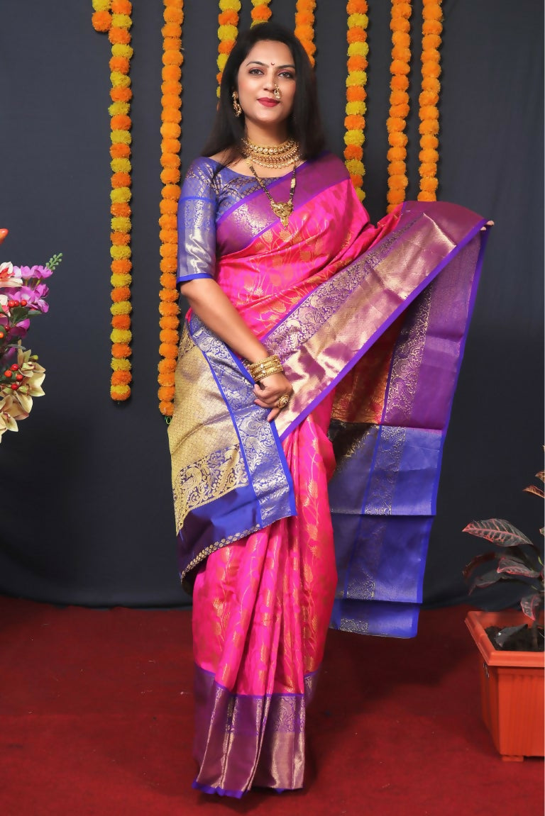 Jyoti Fashion Women's Pink Kanjivaram Silk Zari Woven Saree with Blouse