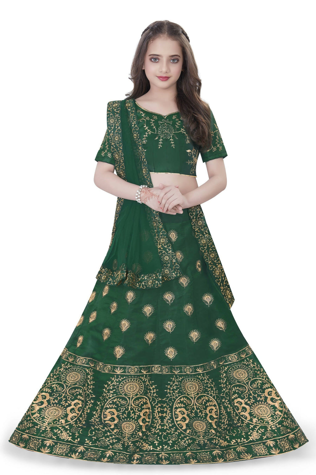 Dwiden Green Gulab Tafetta Sattin Semi-Stitched Girl'S Lehenga Choli