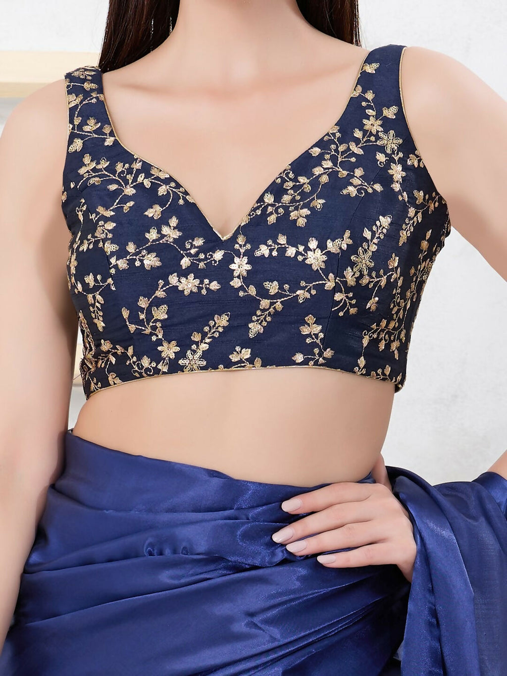 Joban Fashion Navy-Blue Mulberry Silk Sleeveless Back Open Blouse