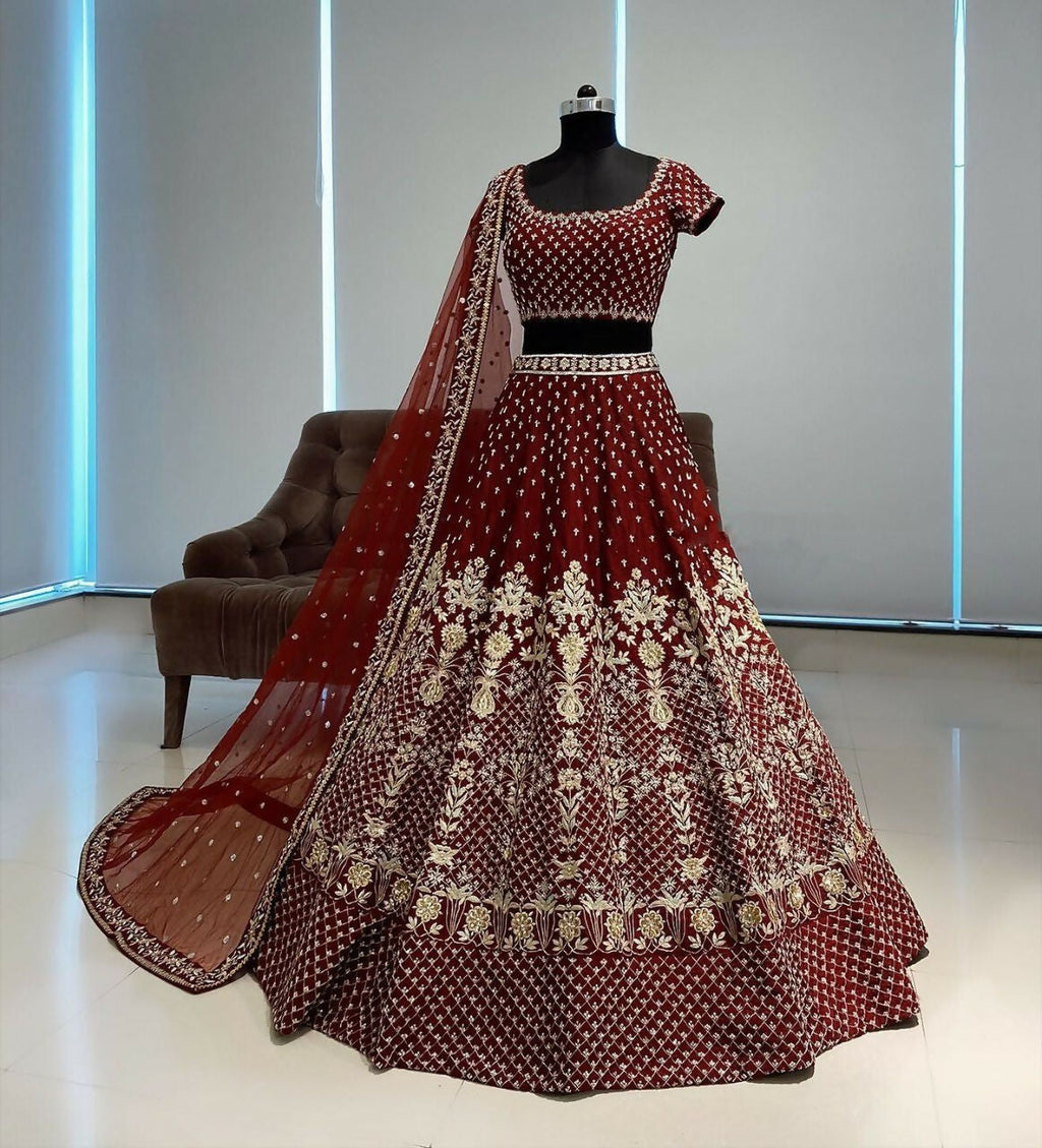 Jyoti Fashion Gorgeous Maroon Taffeta Satin Silk Sequins with Zari Thread & Coding Dori Embroidery Lehenga Choli with Dupatta