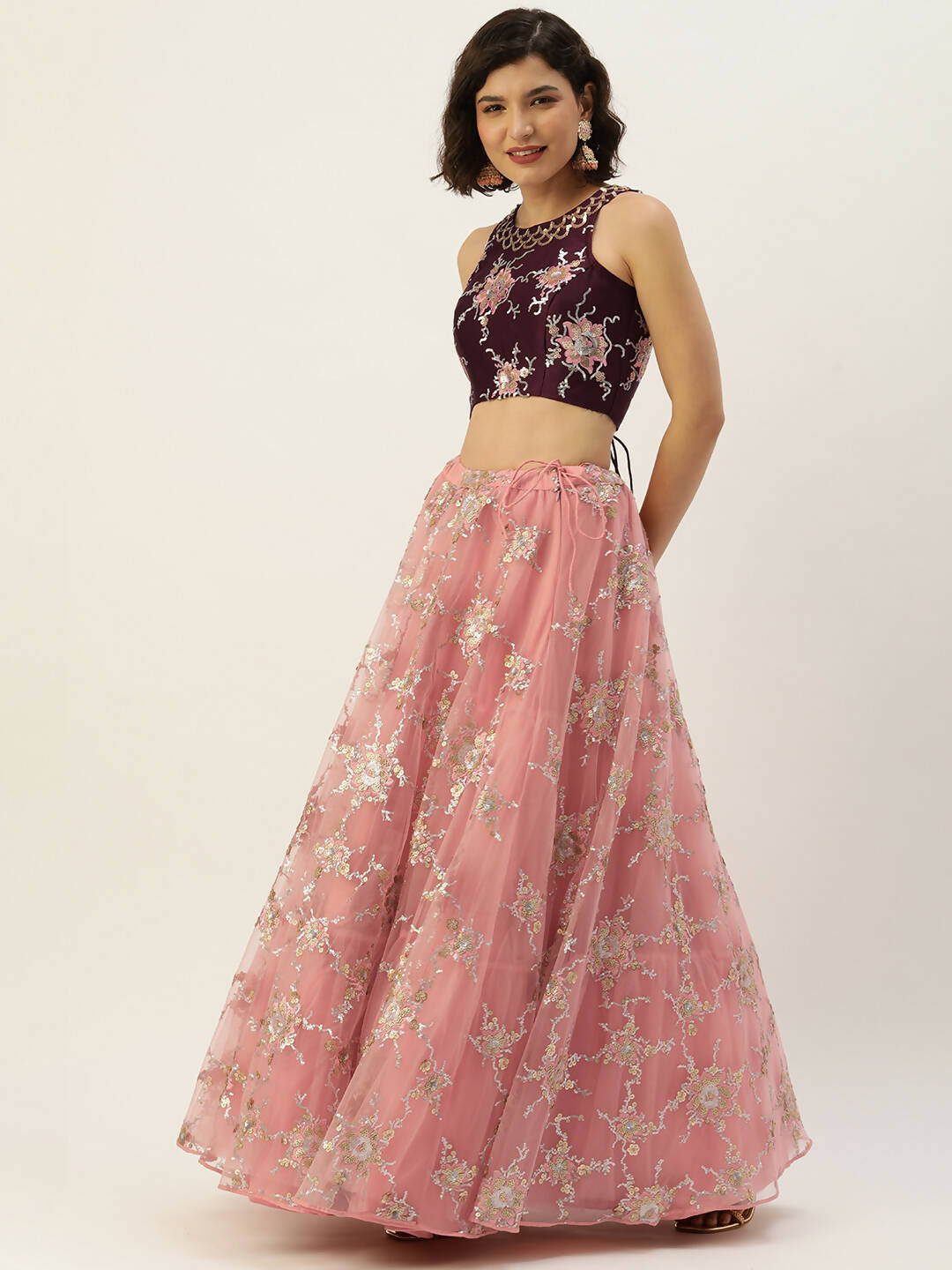 House of Panchhi Pink Net Sequins Embroideried Lehenga