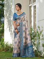 Shree Shyam Fashion Cream With Blue Silk Blend Saree - Distacart