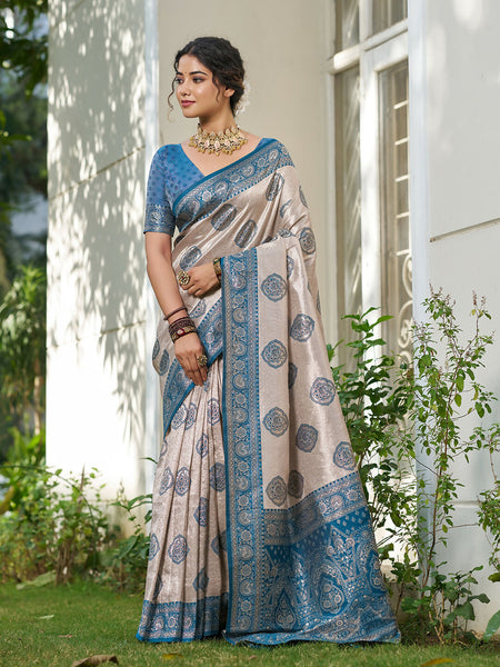 Shree Shyam Fashion Cream With Blue Silk Blend Saree