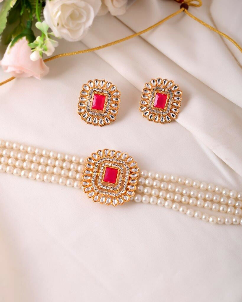 VOJ Gold-Polished Pearl And Pink Stone Choker with Earrings Set