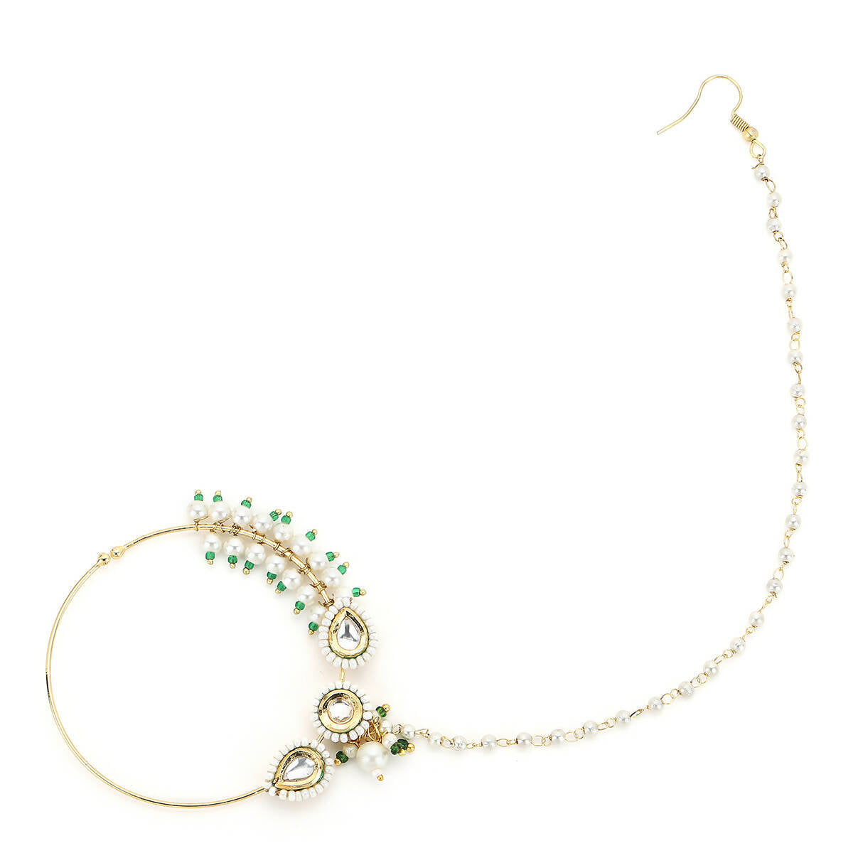 Gold-Plated White Kundan Studded Pearl Beaded Nose Pin - Ruby Raang - Distacart