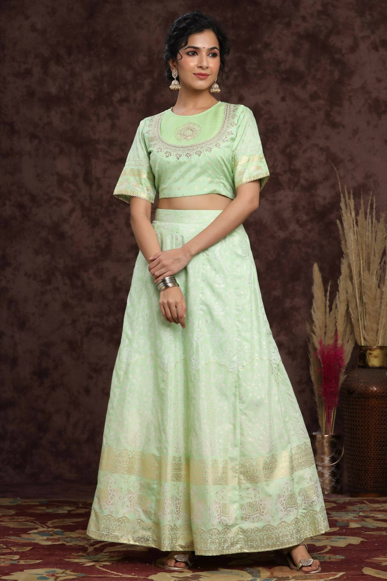 Juniper Women Mint Shantoon Embroidered Flared Lehenga Choli Sets - Distacart