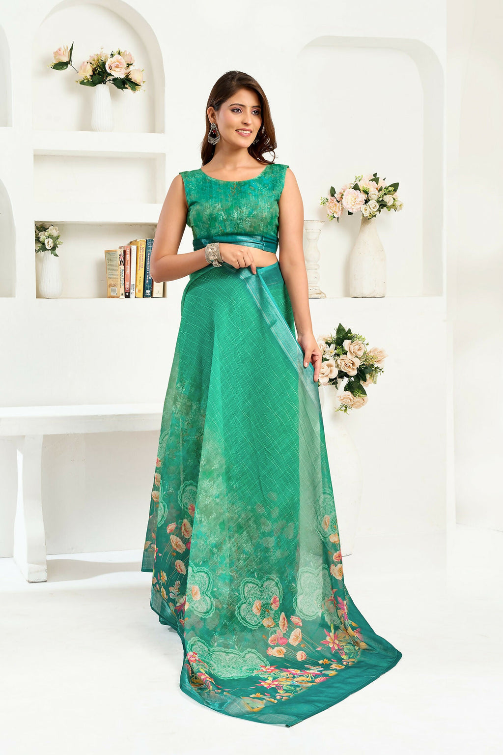 Joban Fashion Rama Green Floral Linen Ready To Wear Saree With Unstitched Blouse - Distacart