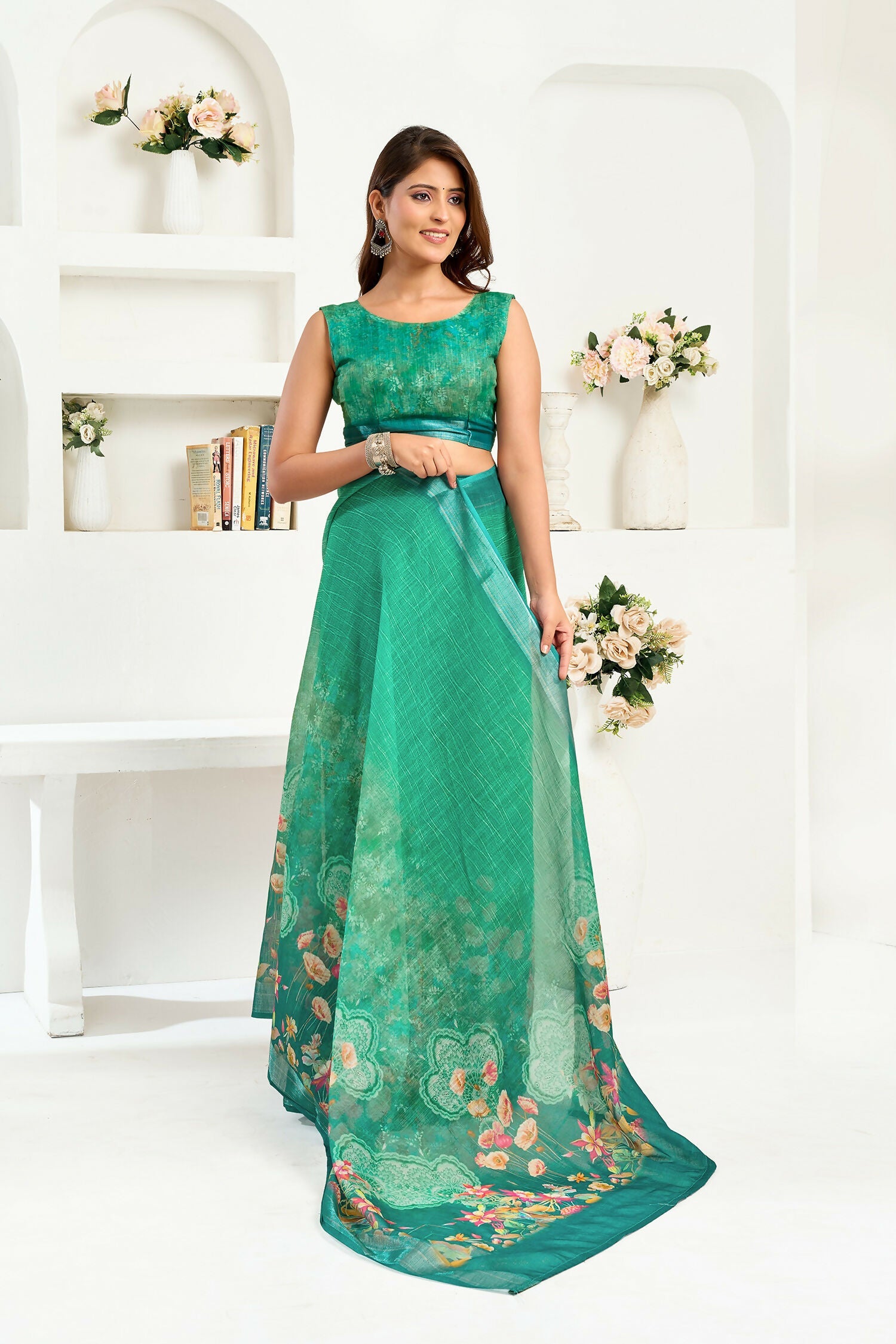 Joban Fashion Rama Green Floral Linen Ready To Wear Saree With Unstitched Blouse - Distacart