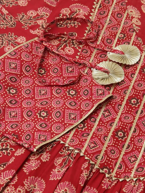 FIORRA Women's Red Cotton A-Line Kurta Set