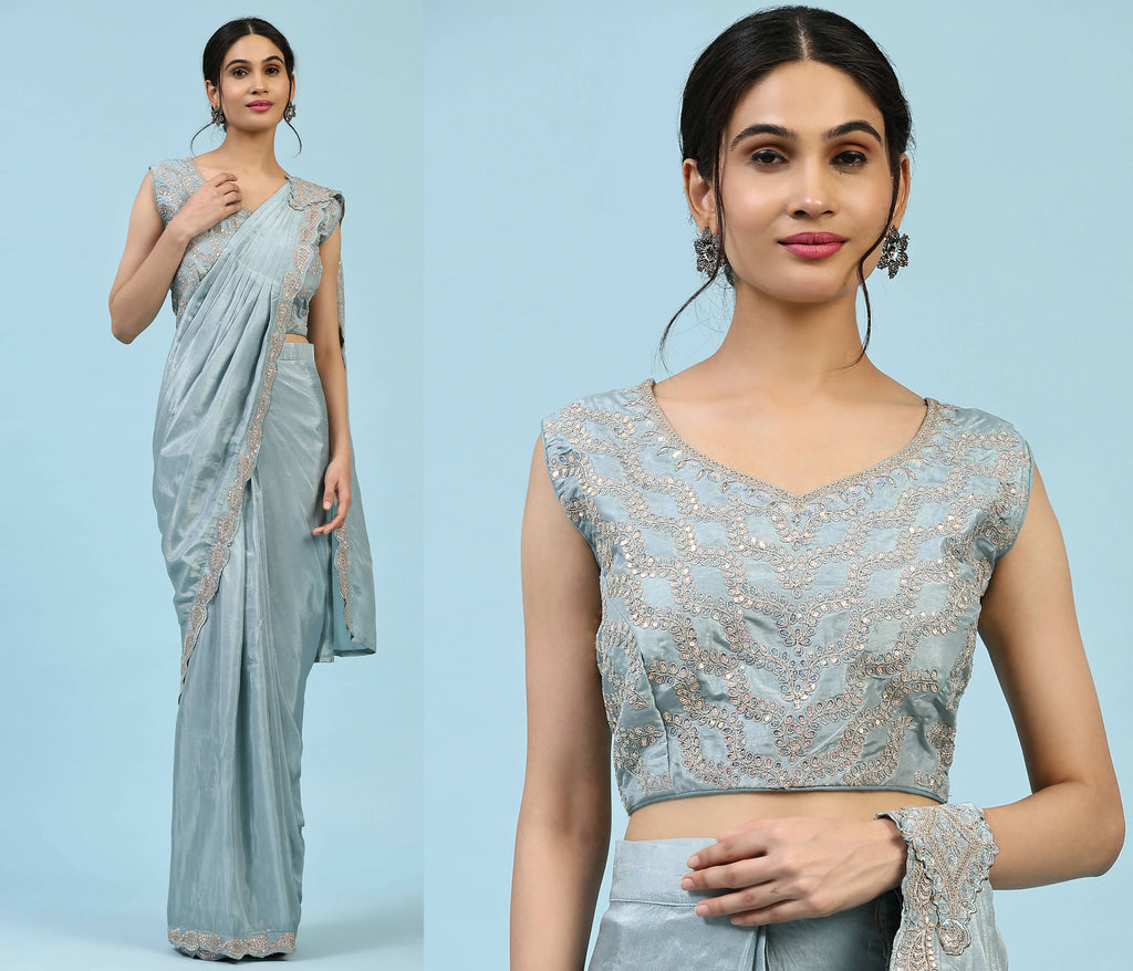Sky Blue Silk Satin Plain Ready to wear Saree with stitched Blouse - Vrinda