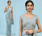 Sky Blue Silk Satin Plain Ready to wear Saree with stitched Blouse - Vrinda