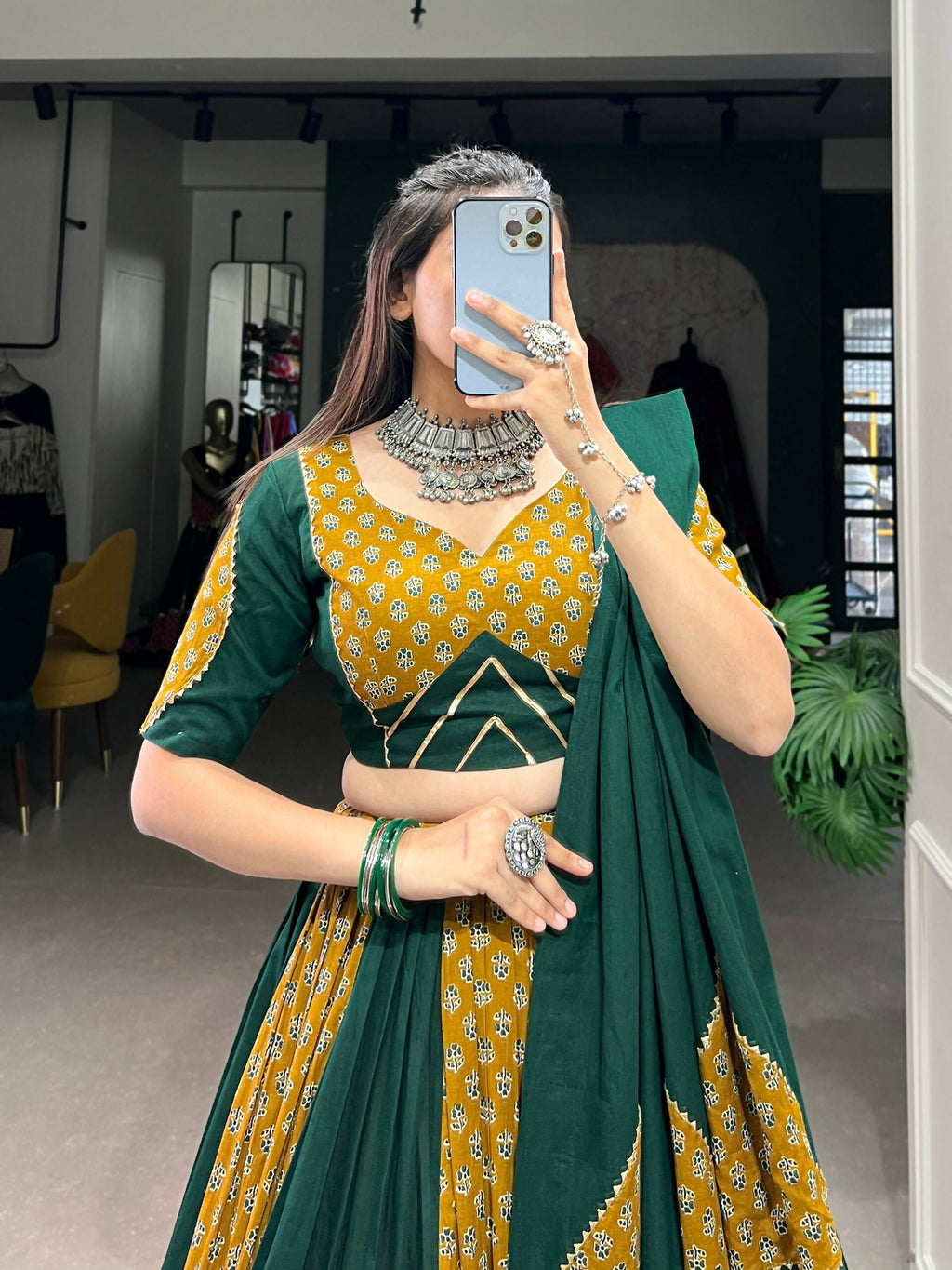 Vastranavya Navaratri Special Pure Cotton Printed With Cowrie (Kodi) Lace Touch Up Lehenga with Stitched Blouse - Green
