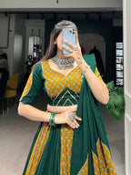 Vastranavya Navaratri Special Pure Cotton Printed With Cowrie (Kodi) Lace Touch Up Lehenga with Stitched Blouse - Green