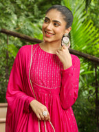 Janasya Pink Georgette Foil Print Kurta,Bottom & Dupatta