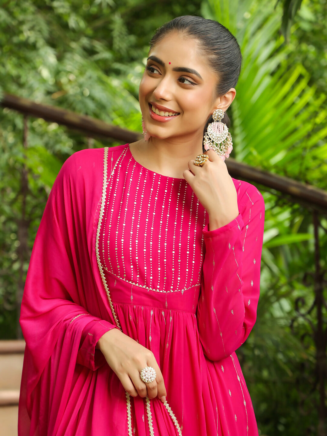Janasya Pink Georgette Foil Print Kurta,Bottom & Dupatta