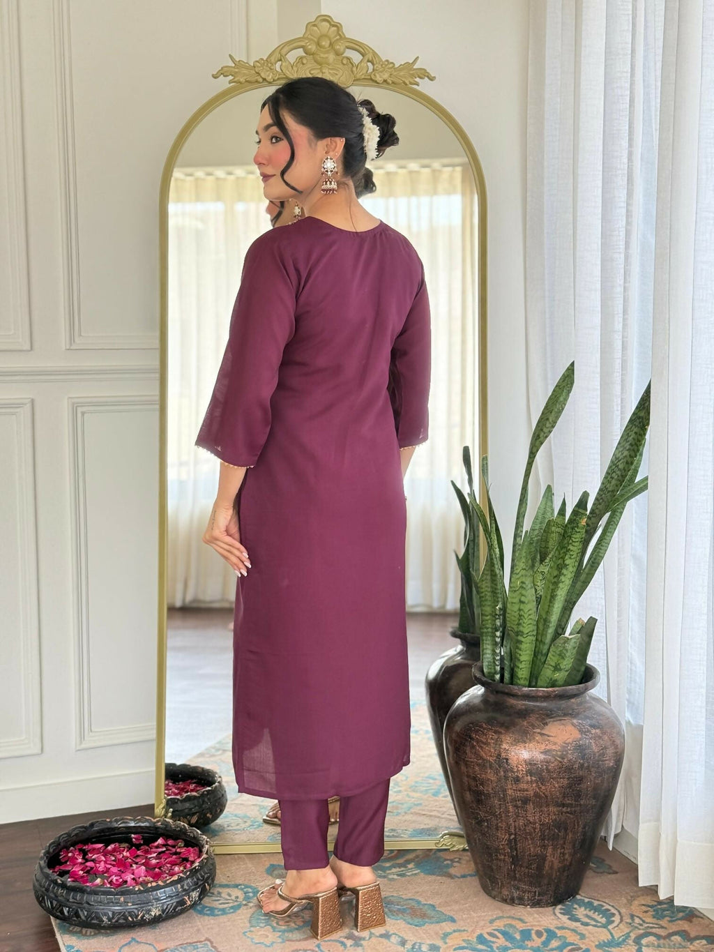 The52 Wine Women's Gorgeous Rayon Fabric Embroidered Work Straight Kurta Pant and Dupatta Set - Distacart