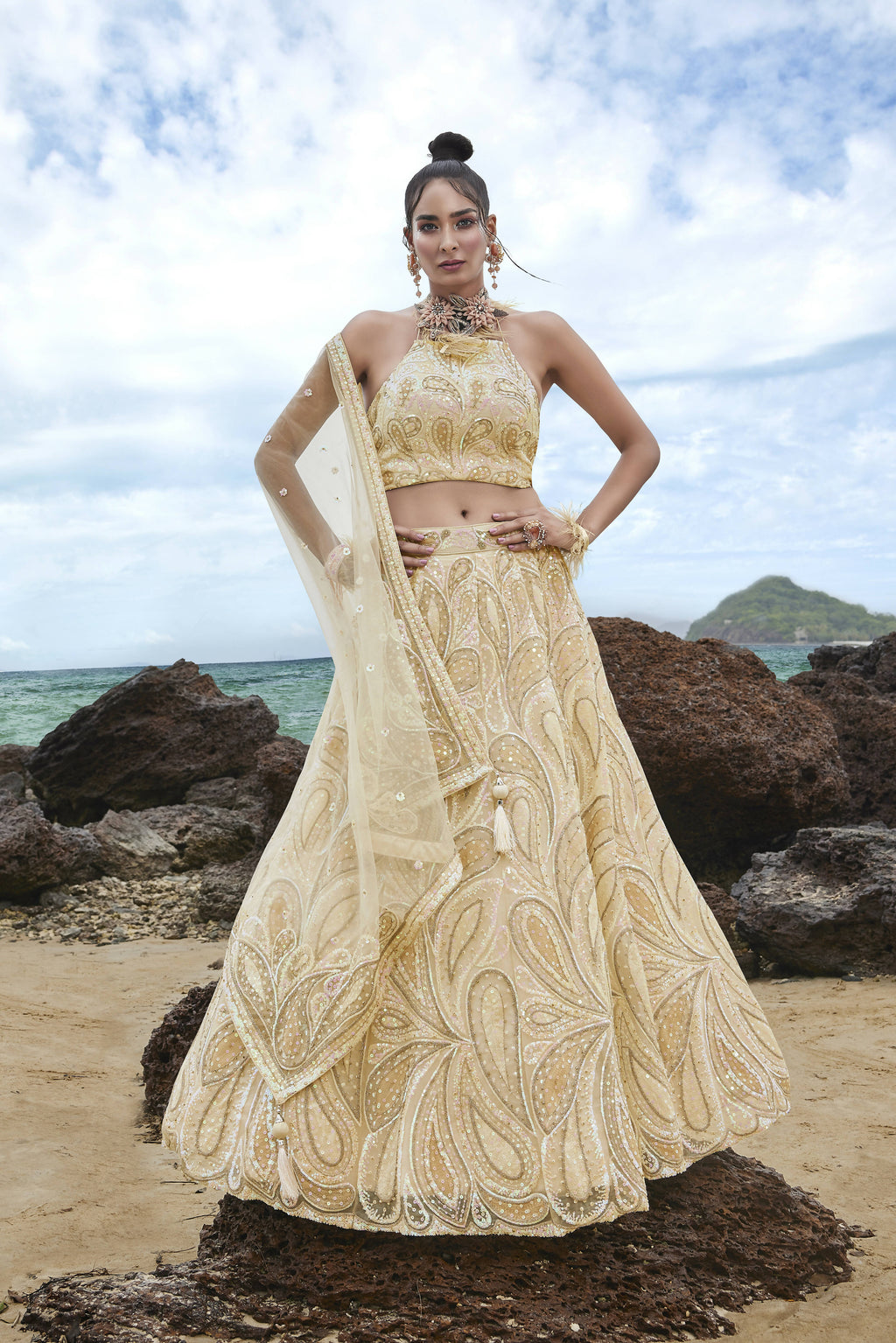 House of Panchhi Cream Net Multi Sequins with heavy Zarkan embroidery Lehenga choli & Dupatta