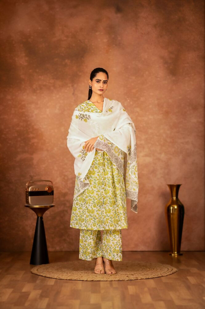 Joban Fashion Yellow Hand Block Printed Cotton Suit Set - Distacart