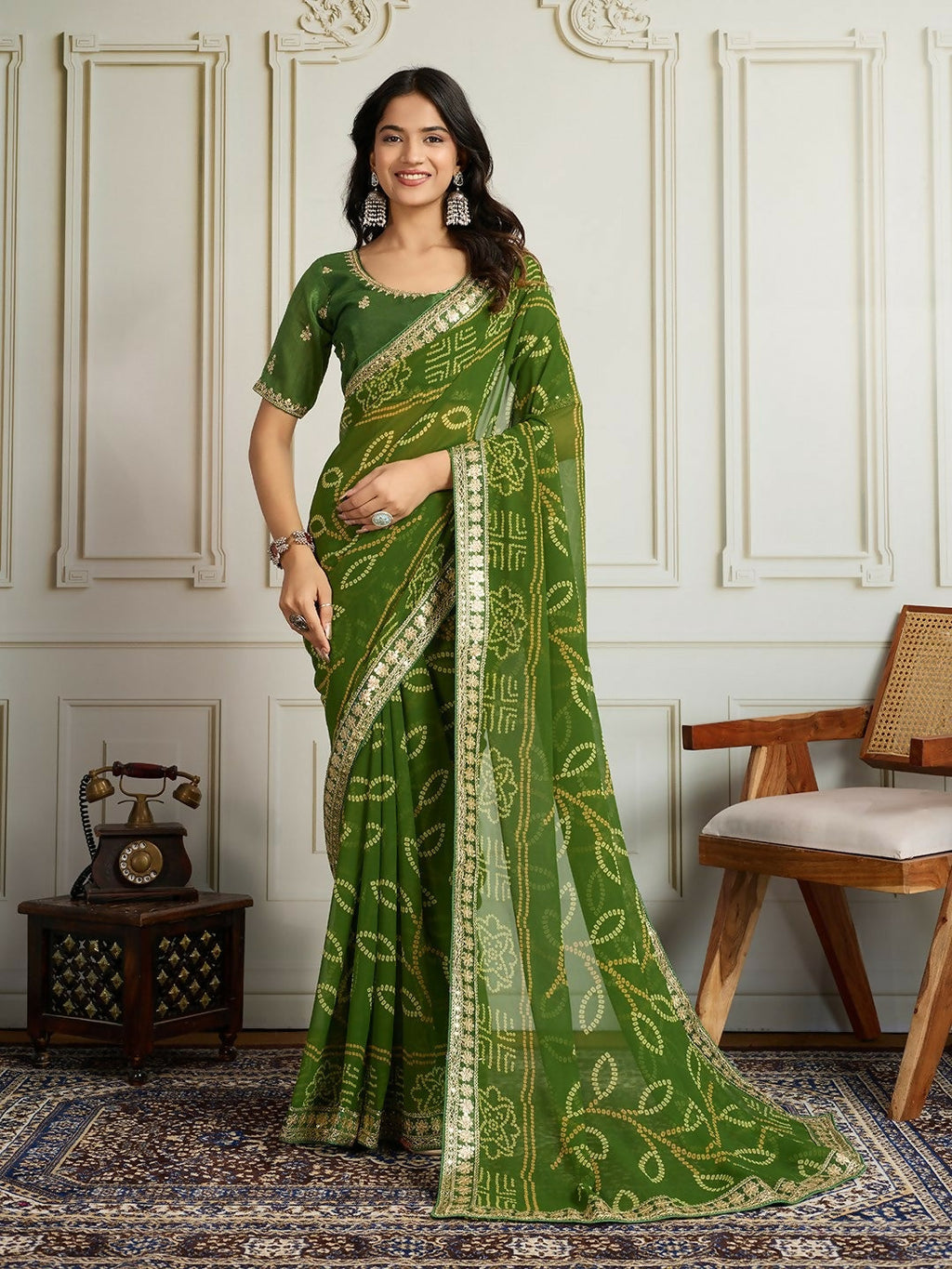 Ai Fashion Green Georgette Rajwadi Bandhani Print Party Wear Saree - Distacart