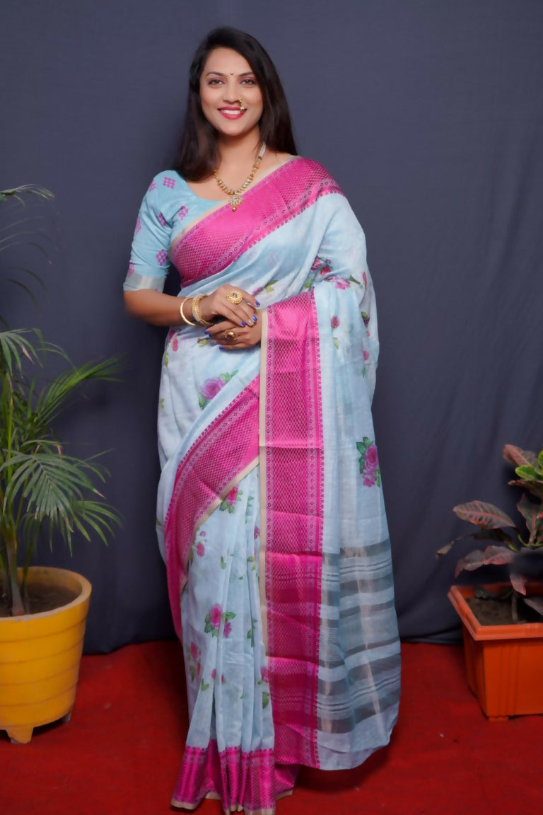 Jyoti Fashion Women's Pink Linen Silk Digital Print with Jacquard Woven Border Saree with Blouse