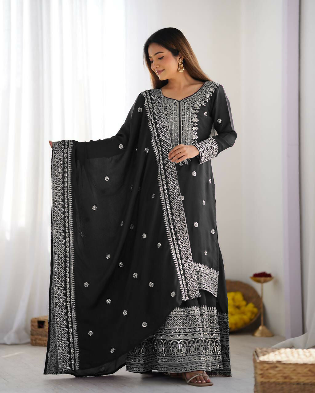 Joban Fashion Black Kurta Set Silk Sequins , Zari, Coding & Thread Embroidered work - Distacart