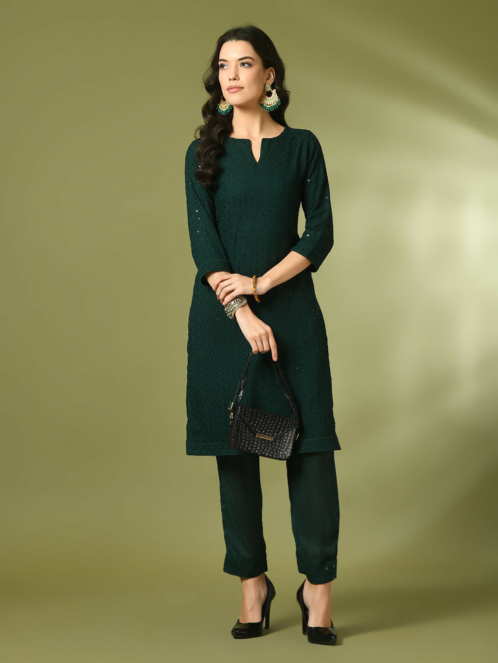 Myshka Women's Green Embroidered Cotton Straight Party Kurta Set