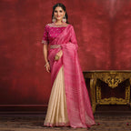 Pink & Beige Banarasi Crush Silk Sequence Thread & Stone Work/ Texture Pallu Saree - Mohmanthan Kimiya