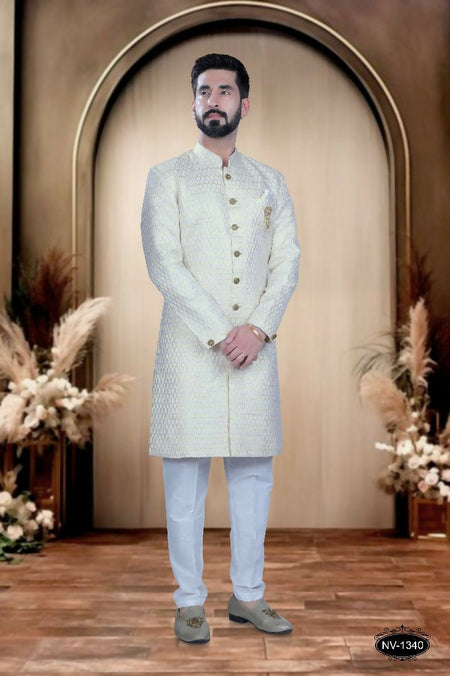 Joban Fashion Men's Yellow & White Cotton Silk Kurta with Pyjama