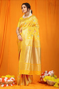 Jyoti Fashion Women's Yellow Kanjivaram Silk Zari Woven Saree with Blouse - Distacart