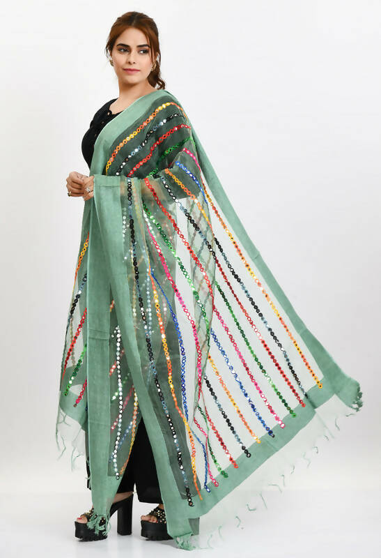 Mominos Fashion Moeza Women's Orgenza Multi Thread Mirror Work Pista Green Dupatta - Distacart